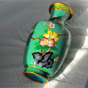 Vintage Green Bronze Cloisonné Enamel Floral Vase Chinese Artwork Collectible